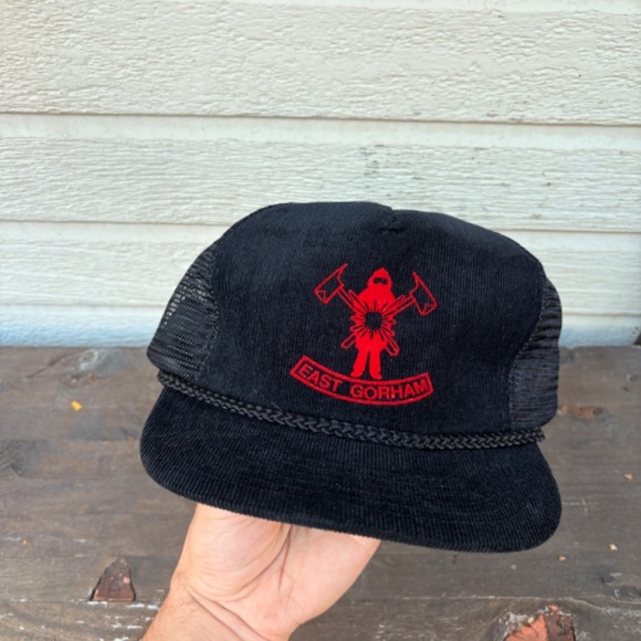 vintage EAST GORHAM corduroy firefighter trucker hat snapback mesh black red - Picture 2 of 5